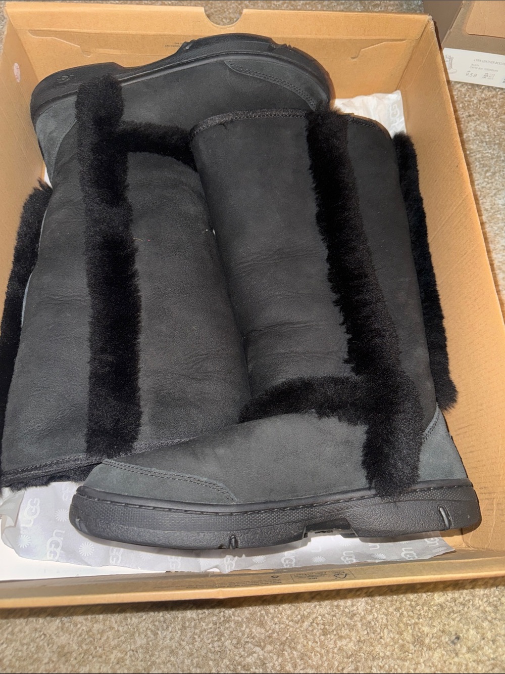 UGG Black Faux Suede Winter Boots with Shearling Trim